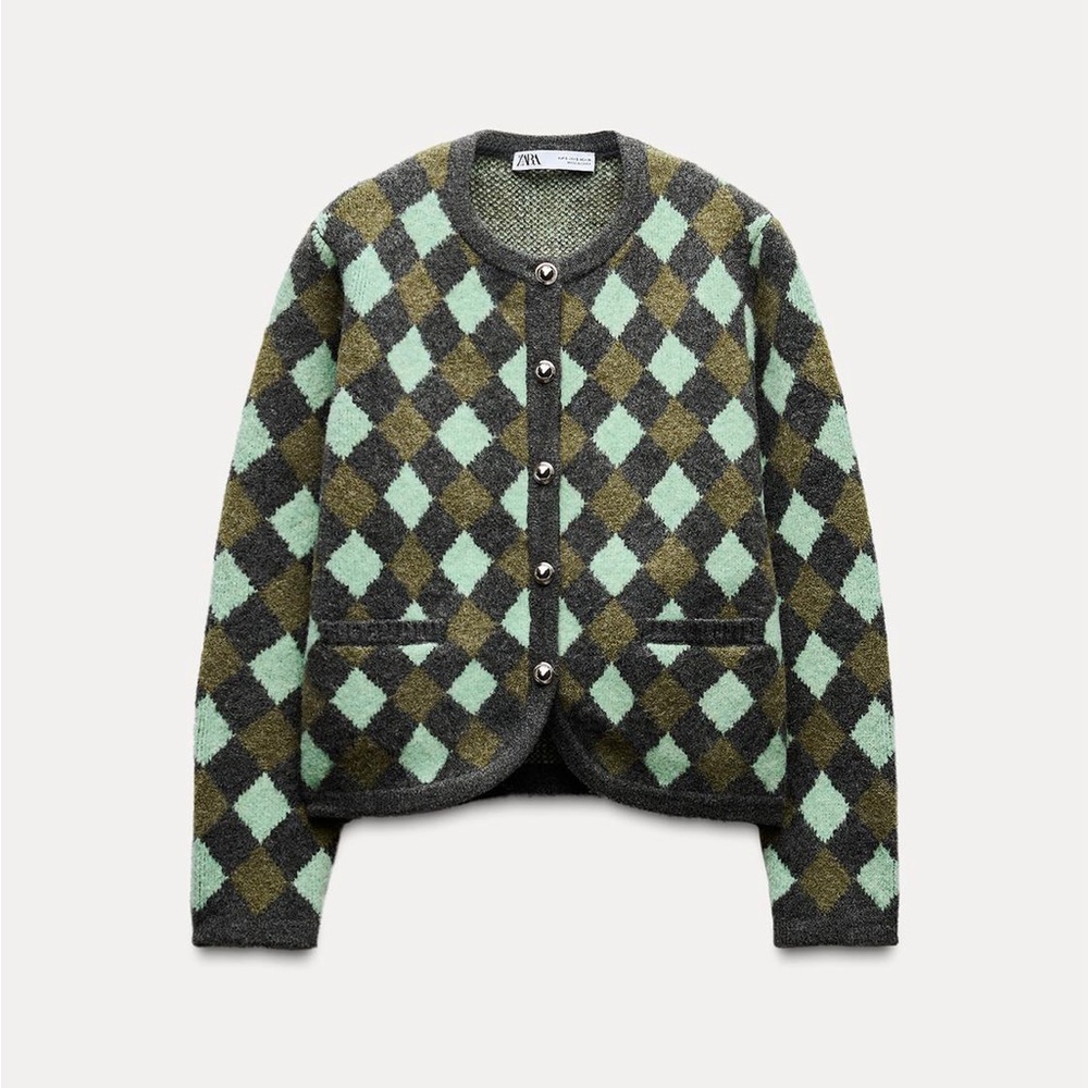 Zara Argyle Knit Jacquard Cardigan S - Picture 3 of 12